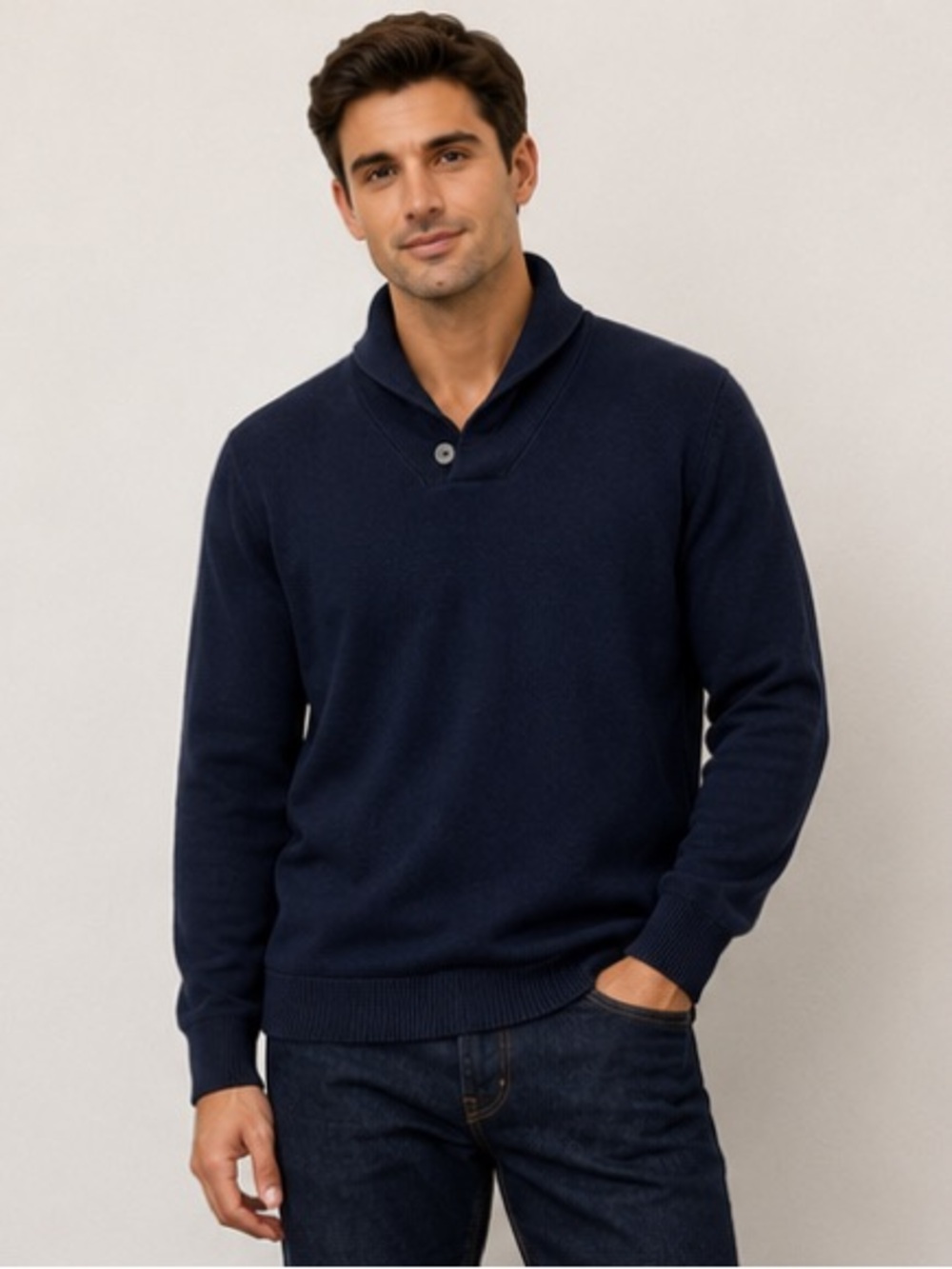 British Khaki Navy Blue Cotton Sweater - Size S